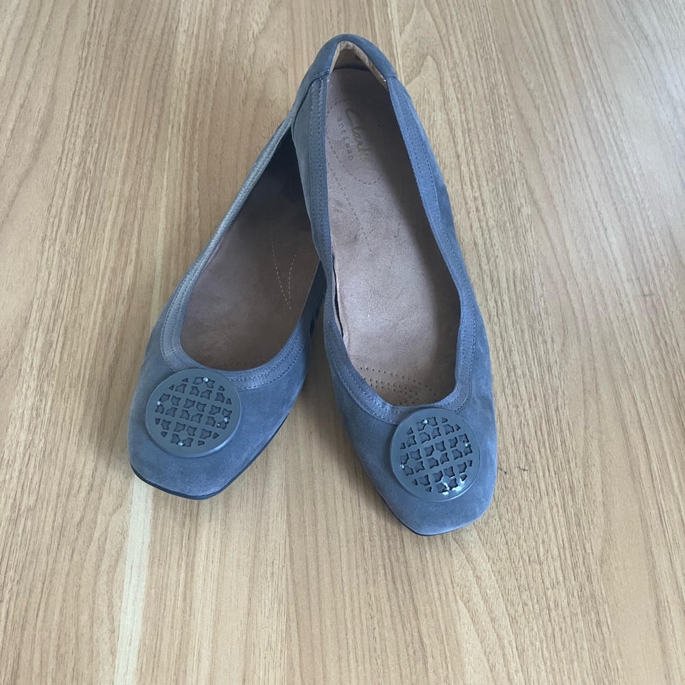 Clarks Women's Grey Suede Flats with Decorative Medallion | Workwear Academia